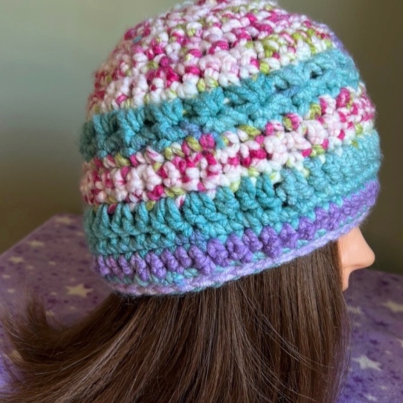 Multicolor Crochet Flower Beanie medium soft thick acrylic yarn - Picture 5 of 10